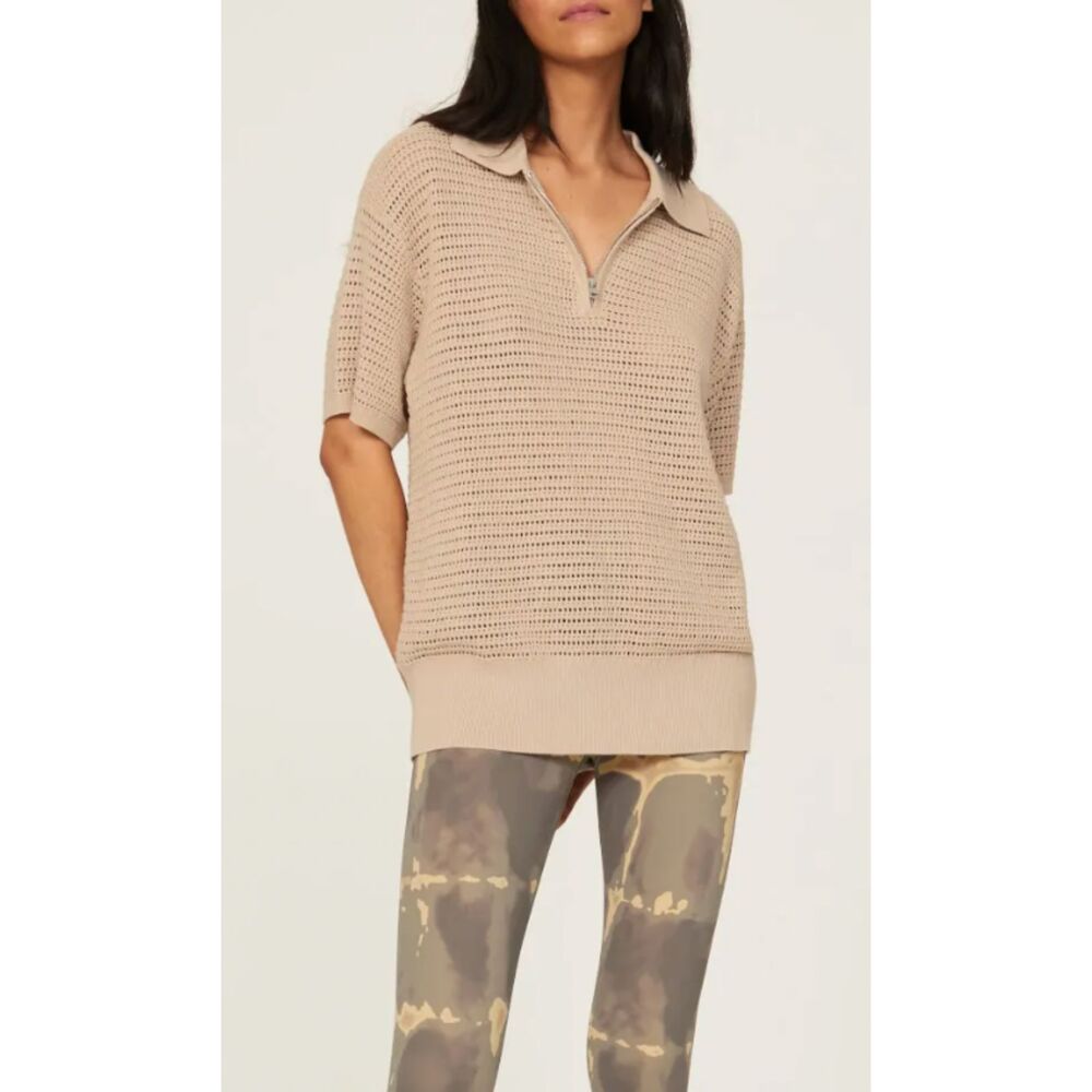 Varley Clayton Open Knit Polo Pullover Top Brown Size Small